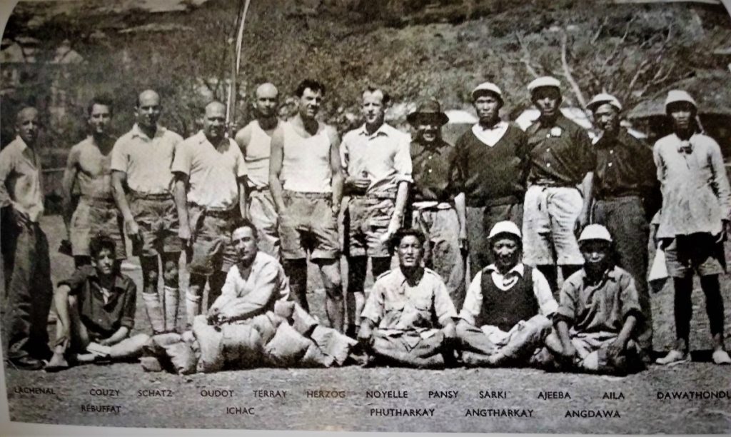 French team members of Annapurna expedition: Maurice Herzog standing in the middle in a vest; Louis Lachenal extreme left with arms akimbo