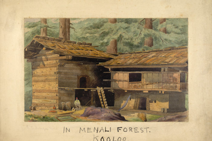 A watercolor painting of wooden houses in Manali by Harcourt (Courtesy: British library, London)