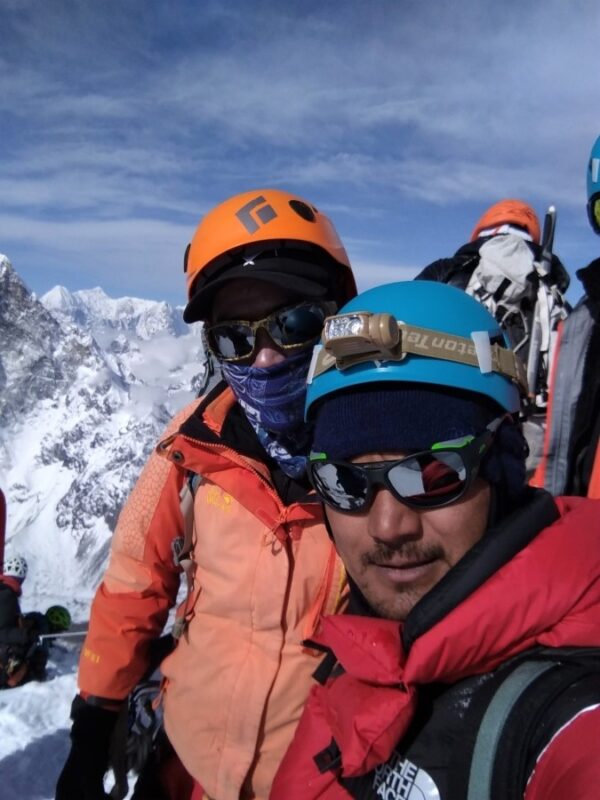 Mahender Lhogde and Furi Sherpa atop Mount Lobuche 6119 meters. They climbed Mount Lobuche during his acclamatisation period before Everest attempt e1643622905481