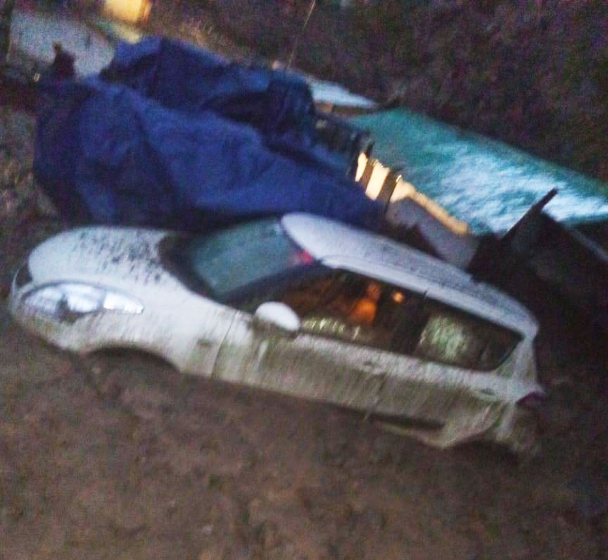 A car in a mudslide and flashflood after a cloudburst in Kinnaur