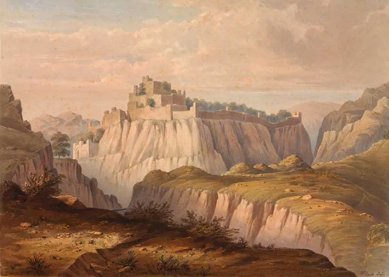 A lithograph of Kangra fort