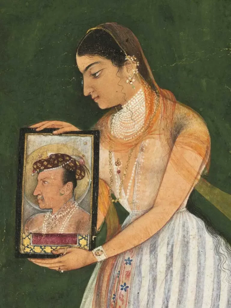 A portrait of Nur Jahan holding a portrait of Jahangir.