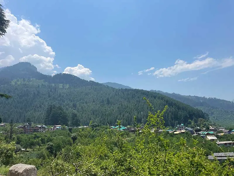 A view of a scenic village near Naggar in Kullu