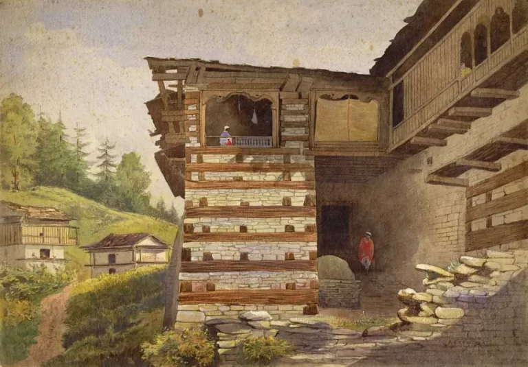 A waterccolor painting of the Naggar castle by AFP Harcourt, who served as the Assistant Commissioner of Kullu from 1869 to 1871. The painting is from the year 1869.