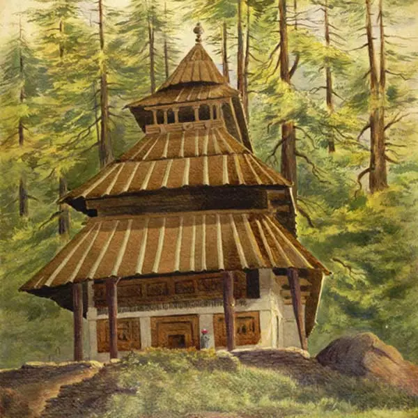 A lithograph of Hadimba temple by AFP Harcourt.