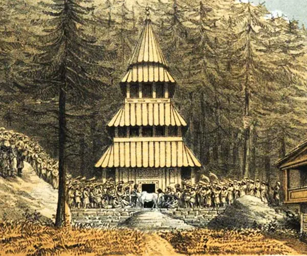 A drawing of the sacrificial ritual being performed at the Hadimba temple by John Calvert.  