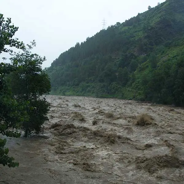 A view of flooded Beas river near Manali in July, 2023.