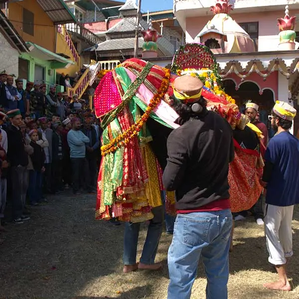 Deities in front of Raghunath temple on the first day of Kullu Dussehra.