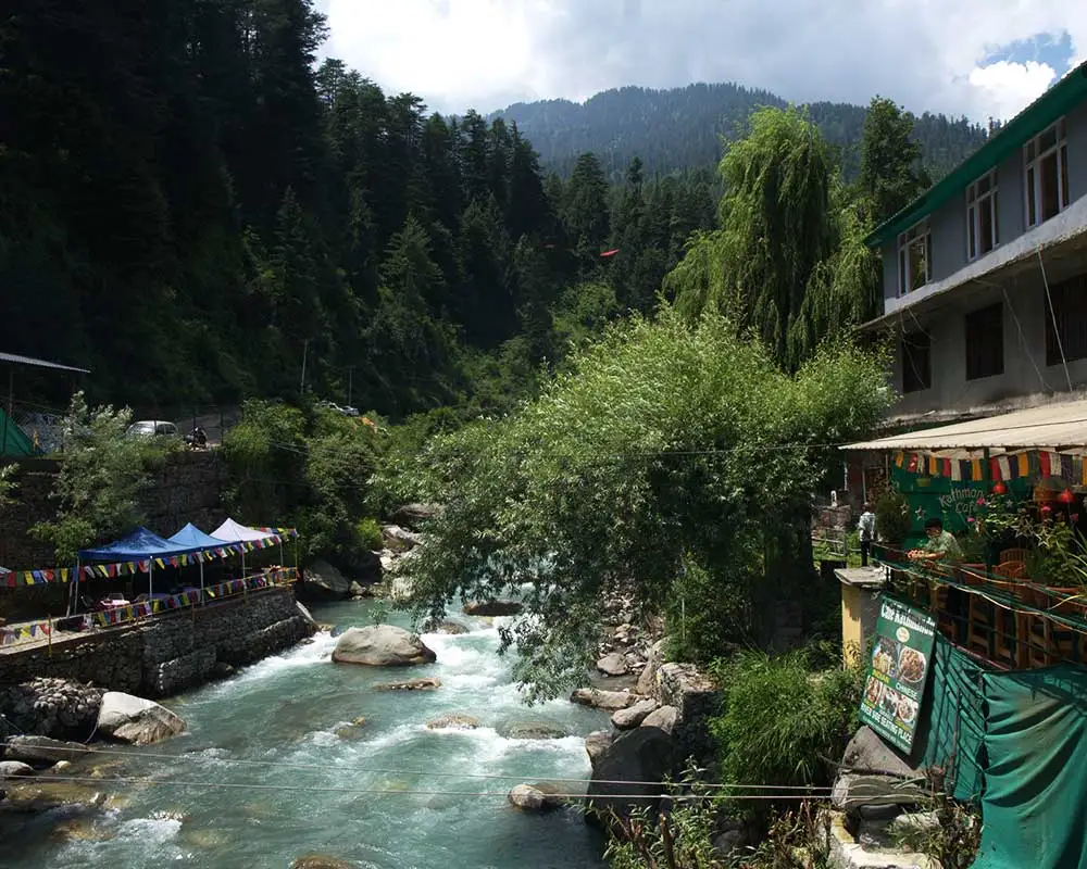 A view of riverside cafes in old manali