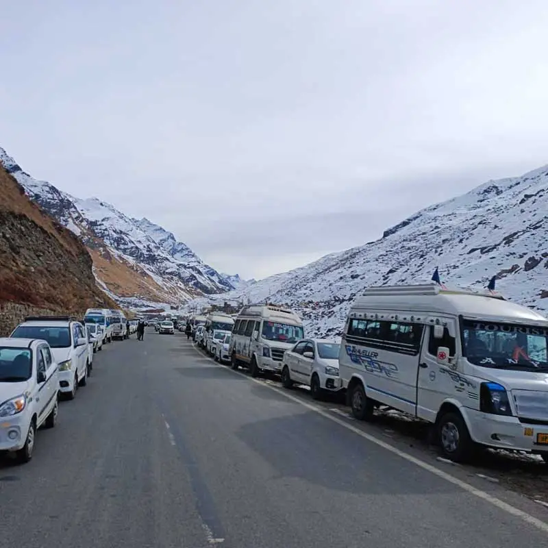 Parking hassle at Atal Tunnel during festive time in winters.