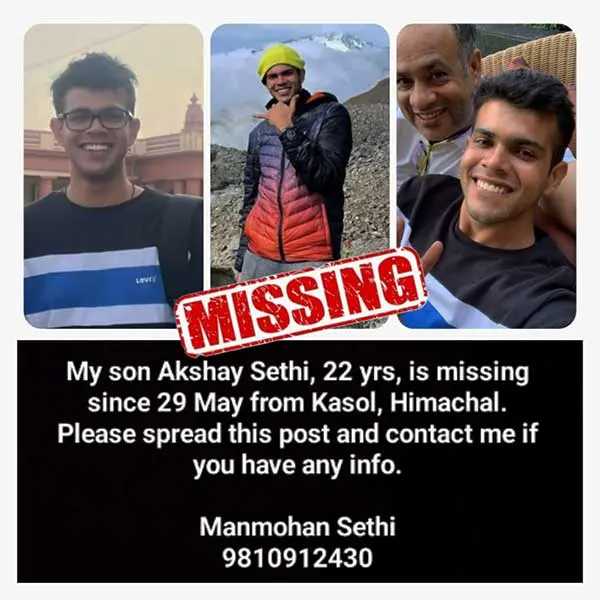 A missing person poster about a youth who went missing in the Parvati valley 